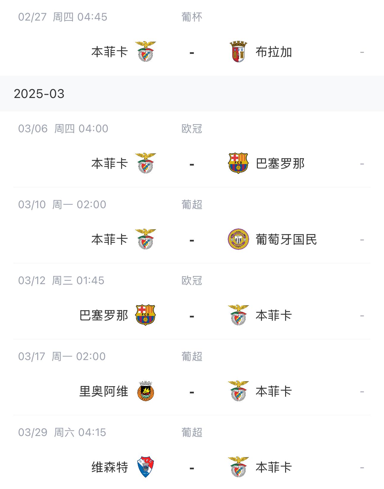  讓路歐冠！本菲卡戰(zhàn)巴薩首回合比賽前的葡超比賽推遲進(jìn)行