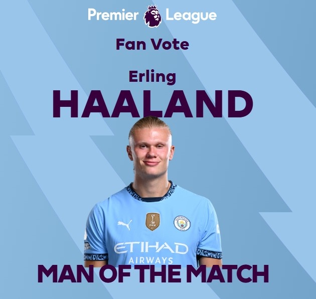  打進(jìn)致勝球！英超官方：哈蘭德當(dāng)選曼城1-0熱刺全場最佳球員