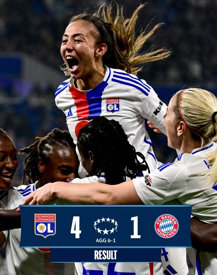  里昂女足4-1大勝拜仁女足，總比分6-1晉級女足歐冠半決賽